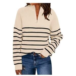 LILLUSORY Women's Quarter Zip Striped Oversized Sweater Mock Turtleneck
